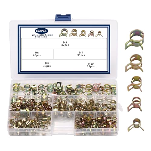 152 Pcs Fuel Line Clamp, Spring Clamps, Fuel Line Clips, Spring Hose Clampss, sSpring Band Hose Clamps Assortment for Silicone Vacuum Hoses Air Tube Water Pipe Clips(6mm/7mm/8mm/9mm/10mm,Color Zinc) - color: Zinc