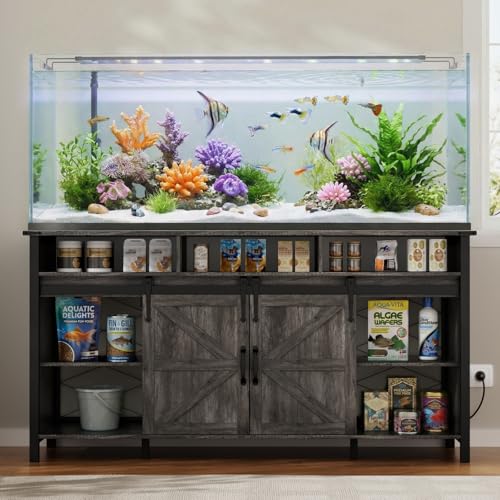 VOWNER 75-120 Gallon Fish Tank Stand with Power Outlet, Farmhouse Aquarium Stand with Storage Cabinet & Sliding Barn Doors, Heavy Duty Reptile Tank Stand, for 2 Tanks, 1000LBS Capacity, Grey - color: Grey