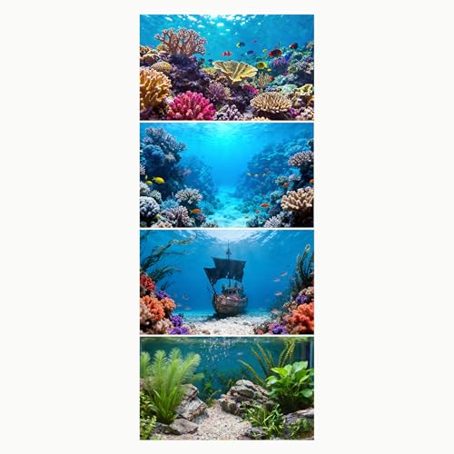4 Pack Aquarium Background, 48x18 Inch Polyester Cloth Decor for Fish Tank, Set of Undersea Coral Rock & Plant Décor Backgrounds, Aquatic Themed Decorations - size: 48*18inch