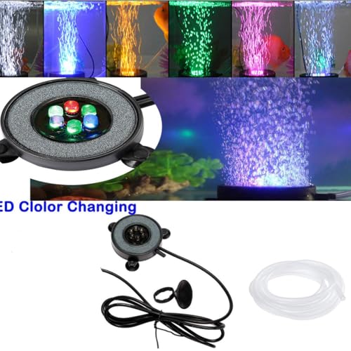 LED Aquarium Air Stones Fish Tank Bubbler Light Air Stone Diffuser Decor Lamp with Sucker Colorful Backgound Lighting (2.2inch Light Disk(No Remote))