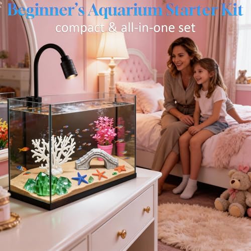 Small Fish Tank Kit,Nano Ultra-Clear Glass Rimless Black Desktop Fish Tank with Light Cleaning Tool & Décors,Small Fish Aquarium for Betta,Shrimp,Small Fish (2Gal Fish Tank Starter Kit)