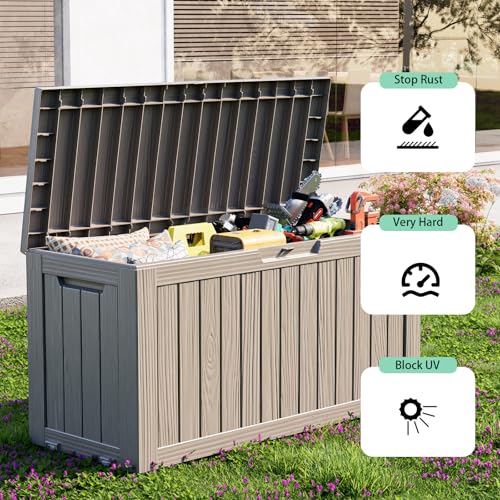 ROJIK Outdoor Storage Housing Deck Box - Waterproof Patio Furniture, Garden Tools, Cushions, Pool Accessories Storage Bench with Lockable Lid and Side Handles (Grey 75 Gal) - color: Grey, size: 75 Gallon