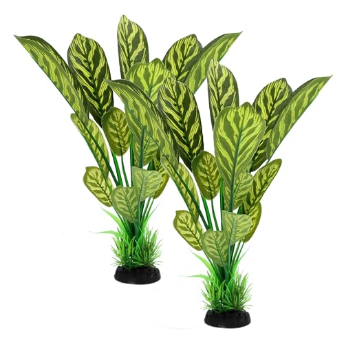 ALEGI Silk Aquarium Plants, 12 Inch Artificial Silk Plants Decorations for Fish Tank,Aquarium Décor Plastic Plants (Green with Stripes, 2 Pack) - color: Green With Stripes