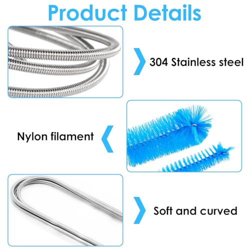 2 Pcs Flexible Drain Pipe Cleaning Brush, 36" Extra Long Double Ended Nylon Bristles and Stainless Steel Tube Cleaners, 2 Brush Head Sizes for Kitchen Sink, Pipe and Hose Cleaning (Black+Blue)
