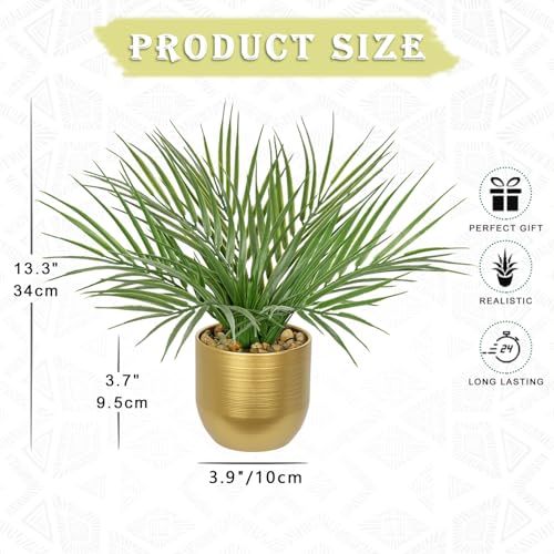 Hollyone Large Artificial Potted Plants Fake Palm Plants 13" Faux Tropical Palm Plant Tree in Gold Metal Pots for Home Room Office House Indoor Decoration - color: 13" Palm Potted-gold Pot