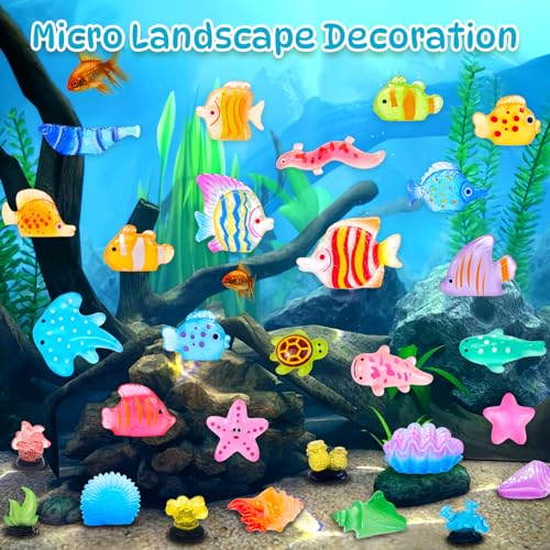 60 Pcs Luminous Mini Resin Ocean Animal Figures Glow in the Dark Small Little Tiny Fish Seashell Coral Miniature Figurines for Crafts Fairy Garden Accessories Micro Landscape Aquarium Decor