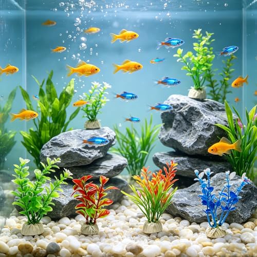 10Pcs Aquarium Artificial Plastic Plants, Colorful Fake Fish Tank Decorations with Ceramic Base, Realistic Aquarium Plants Suitable for Aquarium Landscape and Fish Hideout (Colorful) - color: Colorful