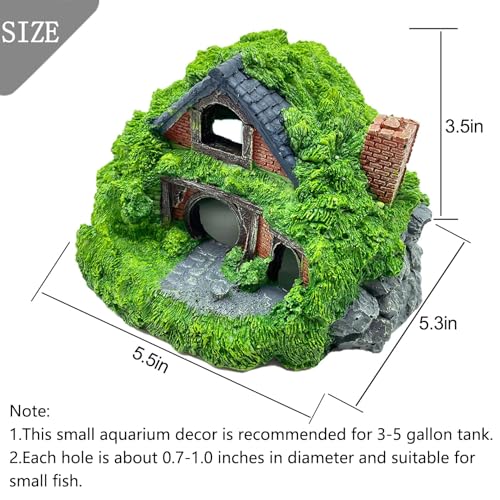 Tfwadmx Fish Tank Hobbit Decorations,Resin Small Fish Cave Hideout House,Aquarium Decor Hide Hole Shelter Hut Ornaments Mini Garden Decorating Accessories - color: Green-5.5 X 5.3 X 3.5 Inches
