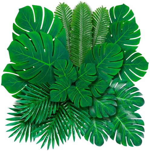 Decopom Palm Leaves Artificial Tropical Monstera 36Pack 6 Kinds Large Small Green Fake Palm Leaf with Stems - style: 36 Pack