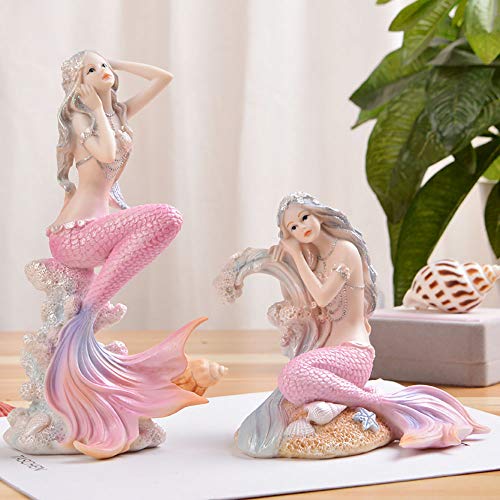 Rayberro Pink Mermaid Figurines 7.28" Resin Mermaid Sculpture Mediterranean Princess Ornaments Home Office Desktop Bookshelf Mermaid Collectible Figurines Crafts Fish Tank Aquarium Decoration - color: Pink Look Up, size: 7.28x3.93x2.75inch