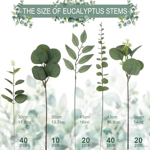 lovemoon 130 Pcs Artificial Mixed EucalyptusStems Bulk, 5 Kinds of Faux GreeneryEucalyptus Leaves Bulk for Vase Wedding DIY Bouquets Floral Arrangement Home Decor (130, Green) - color: Green