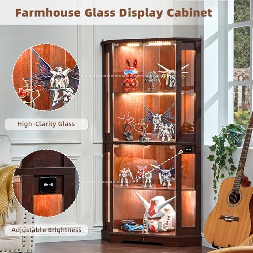 LELELINKY Farmhouse Glass Display Cabinet Set of 3 with Doors, Corner Curio Cabinet for Collectibles, Wooden Display Cabinets for Home, Office, Living Room, Corner, Walnut - color: Walnut, size: Set C