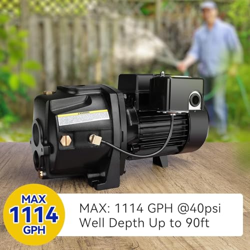 Acquaer Shallow/Deep Well Jet Pump, Cast Iron Convertible Pump with Ejector Kit, Well Depth Up to 25ft or 90ft, 115V/230V Dual Voltage, Automatic Pressure Switch - color: Matte Black