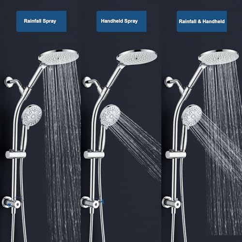 7.5" Rotatable Dual Shower Head with Handheld Combo, Kids Friendly Low 3-Way Diverter, Adjustable Slide Bar for Whole Family Use, Enjoy High Pressure Rainfall Spa Shower, Polished Chrome Finish