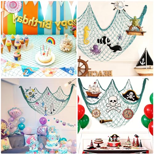 Decorative Fishing Net for Party - 80x40 in Aqua Fish Net Decor Mermaid Net Under The Sea Hawaiian Pirate Party Decorations, 3mm Natural Cotton Nautical Netting Wall Table Ocean Beach Decor - color: Aqua, size: Large - 1 Pack