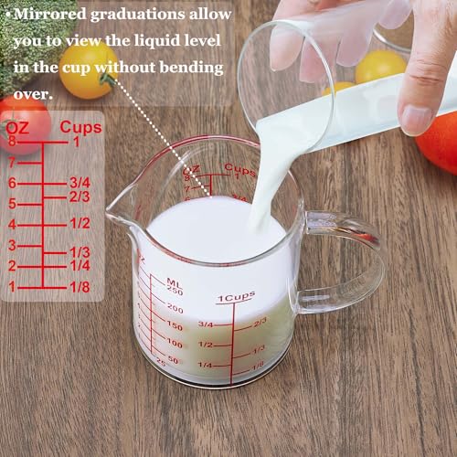 Ackers Mirror Graduated Glass Measuring Cup - [Insulated Handle | V-Shaped Spout] - High Borosilicate Glass Measuring Cup for Kitchen or Dining, Easy to Read, 250ml (8oz, 1 Cup) - size: 8OZ Mirror Graduated