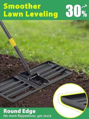 Lawn Leveling Rake Heavy Duty, 30x10 in Large Soil Leveling Rake, Ground Leveler with Anti Flipping Smooth Edge for Dirt Sand Grass Golf, 72" Long Handle, Foldable Garden Landscaping Levelawn Tools