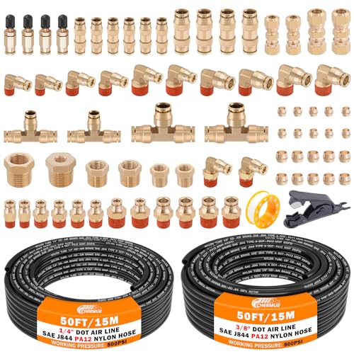 CheeMuii 72 PCS Brass DOT Air Line Fittings with 50FT 1/4" and 50FT 3/8" DOT Air Line Kit Push Lock Air Fitting Quick Connect & NPT Thread Fittings with Pneumatic Tubing - size: 2ROLL-76PCS