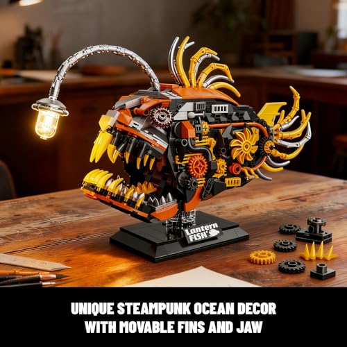 Mechanical Angler Fish Building Set with Light, Creative Ocean Lantern Fish Animal Toy for Home Office Decor, Compatible with Lego Shark, STEM Gift for Adults Teens Boys 8-14+ (1022 PCS) - color: Yellow