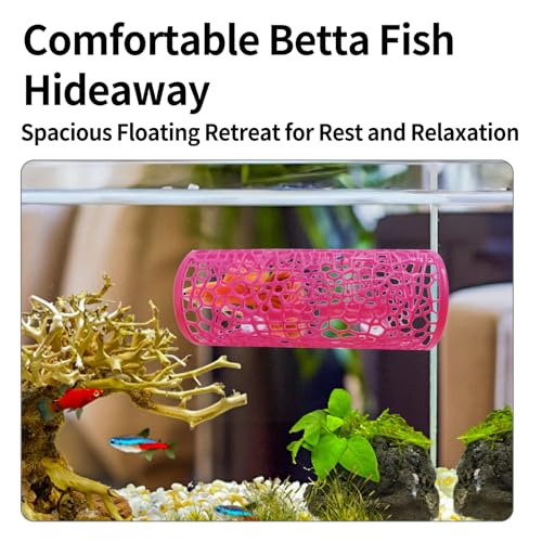 Betta Tunnel Hideout Pink Floating Fish Cave with Suction Cups Betta House for Play Rest and Breeding Aquarium Decor Small Fish Tank Safe Resin Betta Toys and Hide Shelter