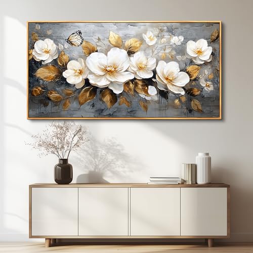 FUHAIHUA Large Wood Framed Wall Decor For Living Room Canvas Wall Art For Office Modern Wall Decorations For Bedroom White Flower Painting Farmhouse Pictures Artwork Room Home Decor 24x48 In - color: White Flower Wood Framed, size: 48"L x 24"W