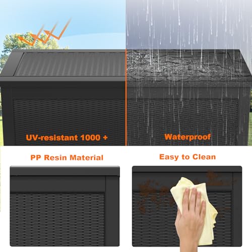 PatioZen 260 Gallon Resin Deck Box, Lockable Patio Outdoor Storage Box for Furniture, Garden Tools and Tools Storage, Waterproof Outside Storage Boxes - Black - color: Black, size: 260 Gallon