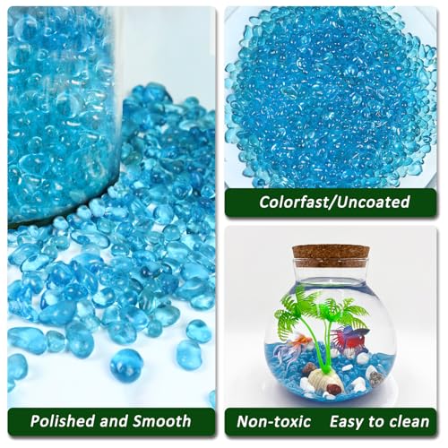 BXI 2.2 Lbs Small Aquarium Substrate Gravel Sand, Polished Smooth Fish Tank Gravel, Colorfast Uncoated Vibrant Blue Sea Glass, Decorative Stones for Vase Fillers, Fairy Garden, Potted Plants - color: Blue Glass Sand, size: 2.2 lbs, 0.24''-0.40''(Medium)