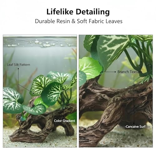 Aquarium Driftwood Decor 4 Inch - Resin Driftwood with Silk Plant Leaves, Fish Tank Decoration for Betta, African Dwarf Frog, Shrimp Hideout