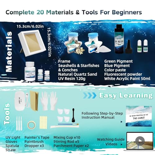 iLAND Crafts For Adults Women Teen Girls Ocean Beach UV Resin Kit for beginners Arts and Crafts for adults Resin Art Project DIY Sea Crafting Making Set Unique Artist Woman Gifts on Christmas Romantic - color: White Color Frame Resin Craft