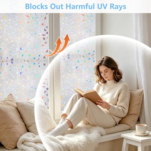 LEMON CLOUD Frosted Window Privacy Film,Stained Glass Static Cling,Decorative Rainbow Window Cling, Heat Control UV Blocking Removable Window Tint for Home Kitchen Bedroom Non-Adhesive,23.6" x 157.4" - color: Clear-rubble Pattern, size: 23.6 x 157.4 Inch