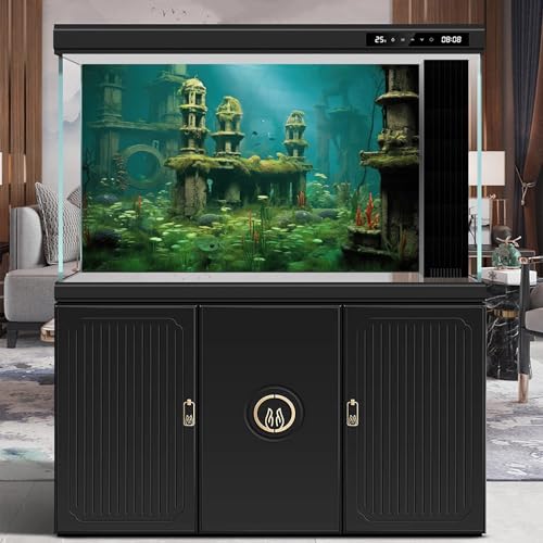 Underwater Scene Fish Tank Background Sunken Ancient City Ruins Aquarium Background Submerged City Sea Plants Lush Moss Terrarium Backgrounds Coral Reef Reptile Tank Enclosure Backgrounds 24x12in - color: Green_Light Blue, size: 24(W)x12(H)in