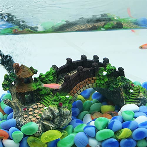 Small Fish Tank, 1pc Magical Aquarium Resin Decoration Colorful Bridge Pavilion Tree Rockery for Fish Tank, Stand
