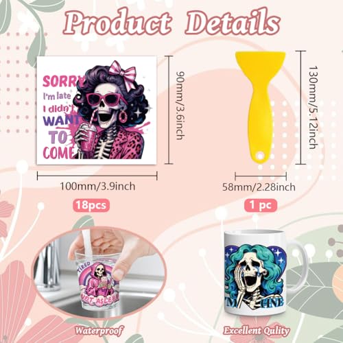 Peacoblue 18 Sheets Rub on Transfers for Crafts, Skeleton with Humorous Text 3.6"x3.9" UV DTF Cup Wraps Waterproof Cold Transfers Stickers for Wood Glass Metal Cup Tumblers Mirrors Mugs Home Decor - style: Skeleton with Humorous Text