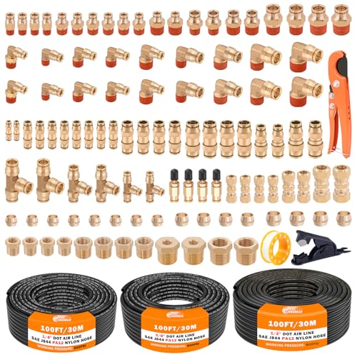 CheeMuii 112 PCS Brass DOT Air Line Fittings with 3 Roll 100FT 1/4" 3/8" 1/2" DOT Air Lines Kit Push Lock Air Fitting Quick Connect Air Fittings with Air Hose Pneumatic Tubing