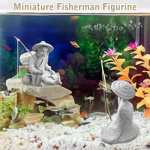 Tfwadmx 2 Pcs Sitting Fisherman Figurines, Aquarium Decorations Mini Fish Tank Ornaments Asian Zen Statue, Sandstone Vintage Aquascaping Decor for Betta Tank Accessories (Large) - size: Large