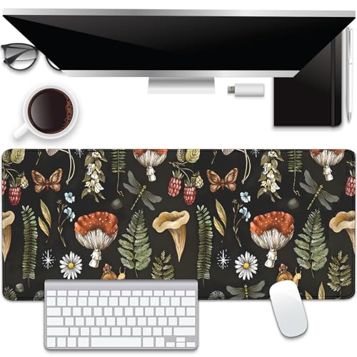 Plant Mushroom Desk Pad Mouse Pad,Large Black Aesthetic Mouse Mat with Stitched Edges,Non-Slip Rubber Base Mousepad for Office PC Keyboard Laptop and Home Work Desk Mat(27.5X11.8 in) - color: Mushroom