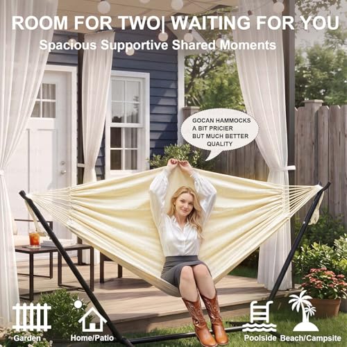 GOCAN Brazilian Double Hammock 2 Person 330X150cm Load 500Pound Cotton Hammock for Patio Porch Garden Backyard Lounging Outdoor and Indoor (Beige) - color: Beige