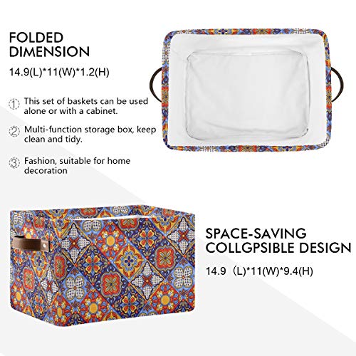 Foldable Storage Baskets, Mexican Ceramic Tile Pattern Storage Bins with Handles, Decorative Cloth Organizer Storage Boxes for Home|Office 15 x 11 x 9.5 in - color: Mexican Ceramic Tile Pattern, size: 1 PCS