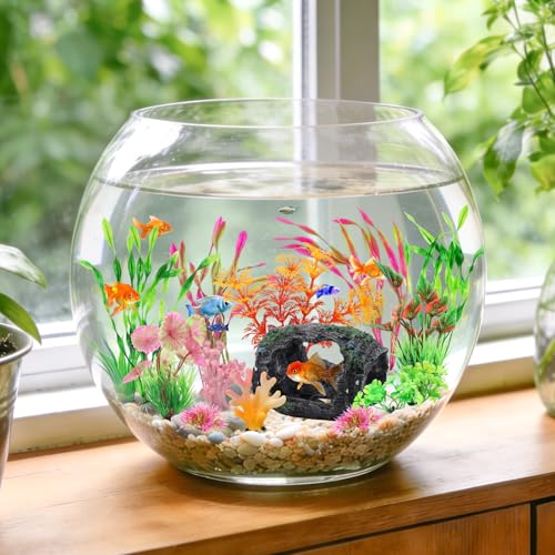 QUOZUO Broken Barrel Fish Tank Decor, 16pcs Fish Tank Accessories Artificial Plants Aquarium Ornaments for Fish Cave Hide - Resin Barrel x1pcs, Coral x2pcs, Aquarium Plastic Plants x13pcs