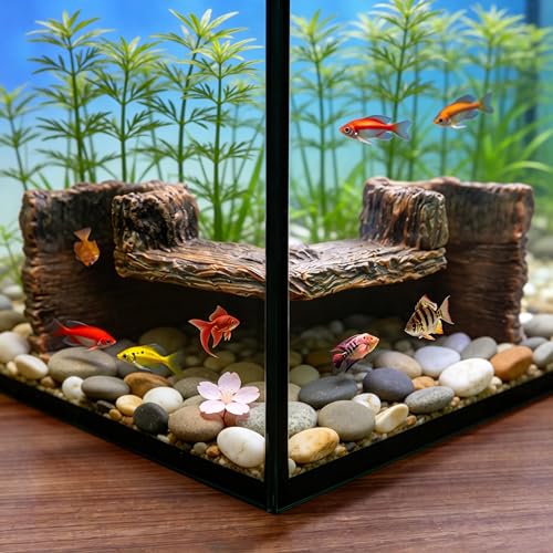Aquarium Corner Cave Tunnel Decoration, Resin Fish Tank Hideout for Betta, Shrimp, Cichlid and Guppy, L-Shaped Underwater Hollow Log Ornament