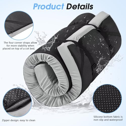 CYMULA 3 Inch Memory Foam Camping Pad, Camping Essentials Roll Up Floor Mat for Car Camping, Cot, Tent, Truck, Travel and Guest Use, Non-Slip Waterproof Bottom, Removable Cover - color: GREY, size: Cot:72*24*3