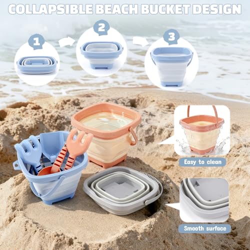 Dreamon 3 Pack Beach Toys Set for Kids 3-10, Collapsible Sand Buckets with Beach Molds and Mesh Bag, Sandbox Travel Toys Beach Vacation Essentials, Camping Gear, Fishing (Blue/Grey/Orange) - color: Blue/Grey/Orange