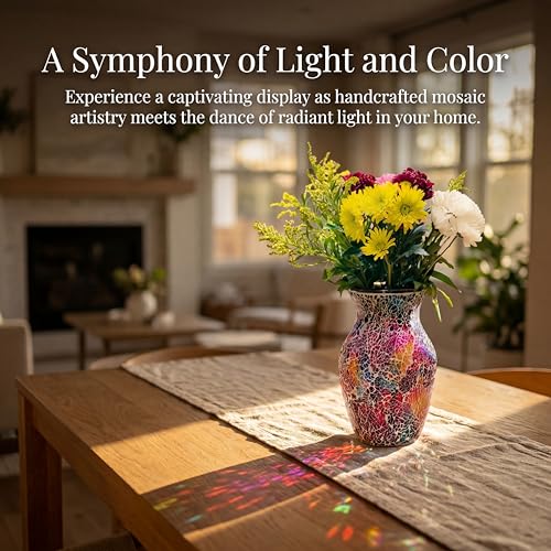 8" Deep Red Rainbow Mosaic Vase, Hand-Pasted Colorful Glass Flower Vase, Vibrant Crackle Art Centerpiece for Modern Home, Office & Creative Decor - color: Deep Red Rainbow