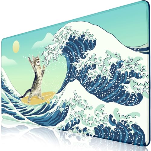 Funny Cat Desk Mat, Desk Matt for Desktop, Surfer Cat DeskPad Mat, XXL Large Mouse Pad for Desks, Anti-Slip Big Mousepad with Stitched Edges, Keyboard Mats for Computer, Work, Office, Game, Home - color: Funny Surfer Cat Battle Great Waves, size: 31.5" x