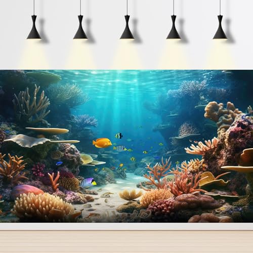 Under The Sea Aquarium Background Ocean Panorama Terrarium Background Underwater Coral Reef Tropical Fish Group Fish Tank Backdrop Deep Sea Ocean with Sunbeams Aquarium Background Poster 24x12in - color: Brown, size: 24(W)x12(H)in