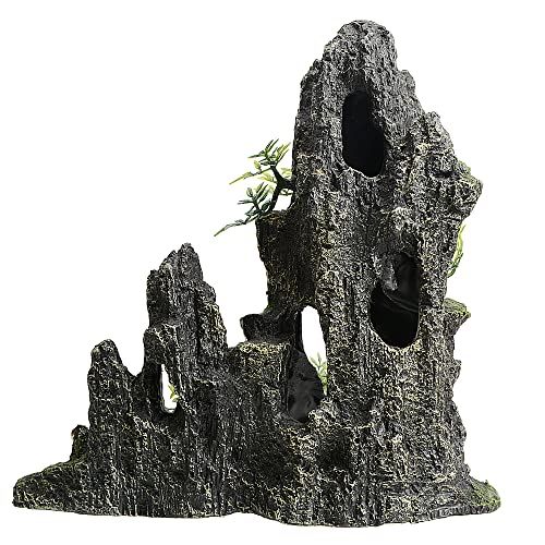 AnRui Large and Tall Aquarium Mountain View Stone Decorations Resin Betta Rock Aquascaping Hiding Cave Ornaments Fish Tank Accessories Decorations with Small Plants - size: 10.62"x4.72"x11.2"