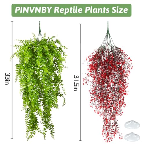 2 Pack Reptile Plants Terrarium Hanging Fake Vines with Suction Cup Artificial Leaves for Bearded Dragons Lizards Geckos Snake Hermit Crab (Red and Green) - color: 2 Pcs ( Red and Green )