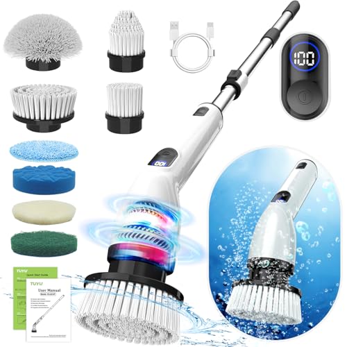 Electric Spin Scrubber, Full-Body IPX7 Waterproof Bathroom Scrubber with Power LCD Display, 8 Replacement Head, Adjustable Extension Handle, Cordless Shower Cleaner Brush for Bathtub Cleaning - color: Grey White