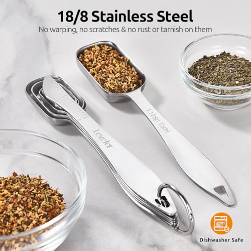 U-Taste Narrow Square Measuring Spoons: 18/8 Stainless Steel Kitchen Measure Teaspoon Tablespoon with Leveler, Polygon Rectangular Metal Jar Scoop for Baking Cooking, Coffee, Spice, Powder (Set of 7) - size: M-6+1 pcs (square)