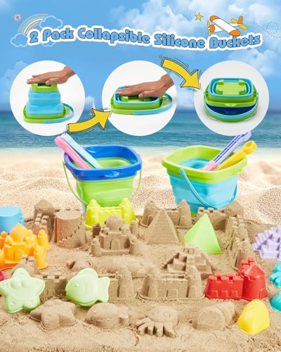 Beach Toys for Toddlers 1-3, Beach Toy Sand Toy for Kids Ages 4-8, 2 Collapsible Sand Bucket and Shovels, Mesh Bag, Sand Castle Animal Molds Sets, Travel Sandbox Toys for Toddlers Kids Age 3-10 - style: 2 Beach Buckets Set